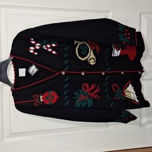 Style Studio button-up Christmas cardigan sweater - M - black/red metallic